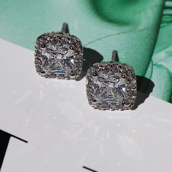 Zaxie by Stefanie Taylor Cushion Cut CZ Halo Studs - Picture 1 of 5